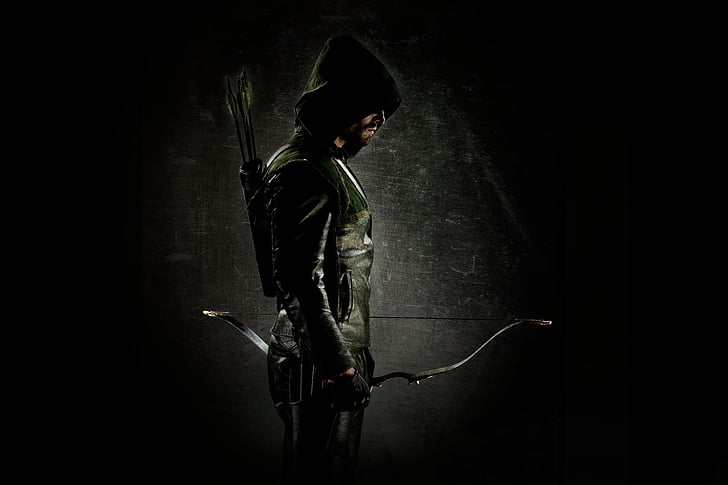 man in green and black leather jacket holding bow arrow, Stephen Amell, Green Arrow, HD, 4K, HD wallpaper