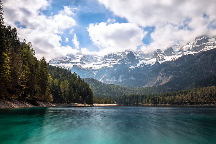Lakes, Lake, Alps, Forest, Italy, Lake Tovel, Landscape, Mountain, Snow, Trentino, HD wallpaper
