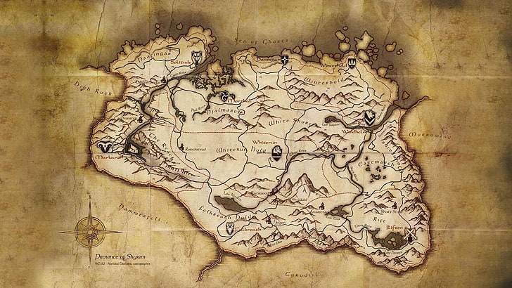 brown map, The Elder Scrolls V: Skyrim, map, video games, HD wallpaper