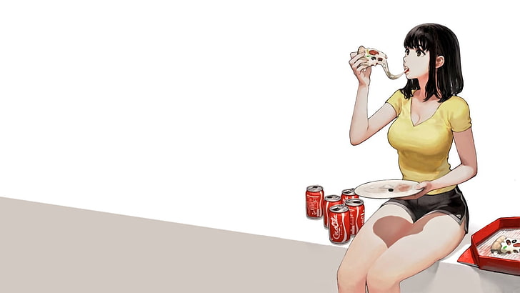 wallpaper digital karakter anime wanita, anime, manga, gadis anime, latar belakang sederhana, minimalis, Coca-Cola, pizza, gadis anime makan, brunette, latar belakang putih, mata hitam, Wallpaper HD