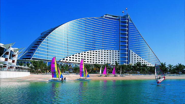 хотел jumeirah beach, Дубай, Обединени арабски емирства, ОАЕ, хотел, уиндсърфъри, море, уиндсърф, HD тапет