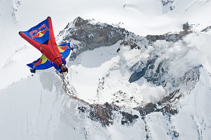 winter, snow, smoke, mountain, the volcano, parachute, container, pilot, Red Bull, fly, extreme sports, wingsuit, HD wallpaper