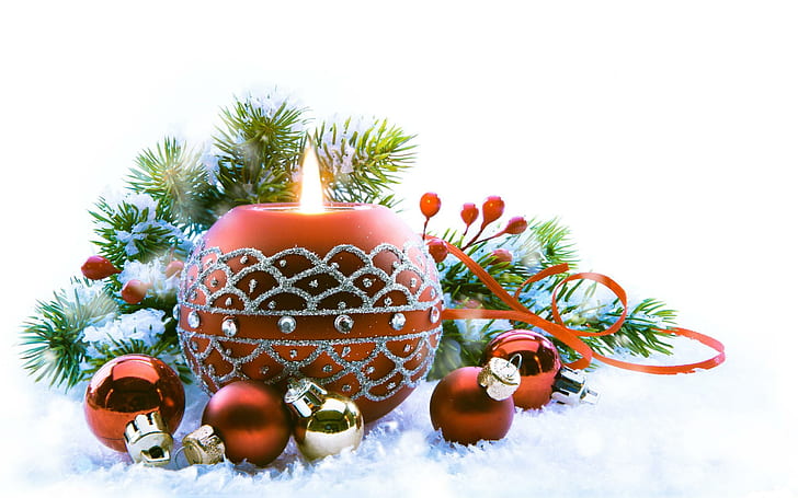 новый год, рождество, свеча, огонь, иголки, елочные украшения, снег, праздник, новый год, рождество, свеча, огонь, иголки, елочные украшения, снег, праздник, HD обои