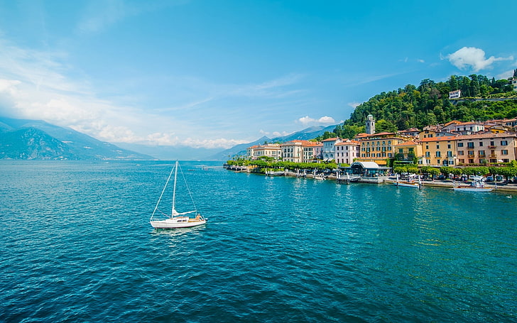 white sail boat, mountains, lake, building, yacht, Italy, promenade, Bellagio, Lombardy, Lake Como, HD wallpaper