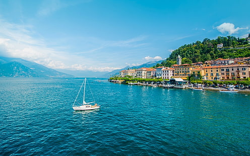 white sail boat, mountains, lake, building, yacht, Italy, promenade, Bellagio, Lombardy, Lake Como, HD wallpaper HD wallpaper