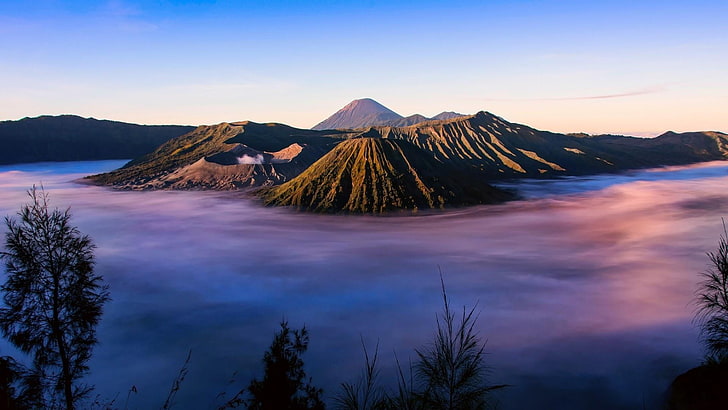 вулкан, планина bromo, Индонезия, java, планински пейзаж, зора, планина, сутрин, атмосфера, небе, кратер езеро, mt bromo, национален парк, феномен, изгрев, HD тапет