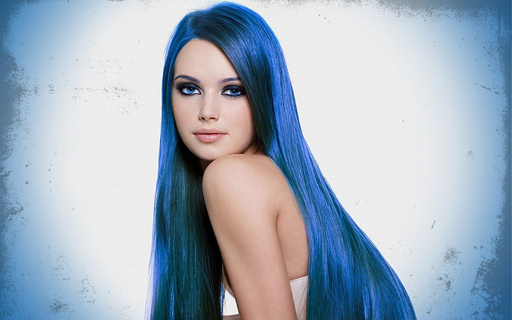 коса, синя коса, жени, боядисана коса, сини очи, сочни устни, HD тапет