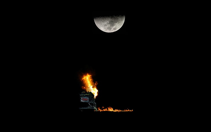 red fire, night, abstract, Moon, fire, minimalism, HD wallpaper