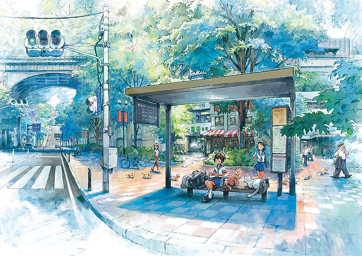 girl wearing school uniform beside two cats sitting on waiting bench beside road digital wallpaper, Anime, Original, HD wallpaper