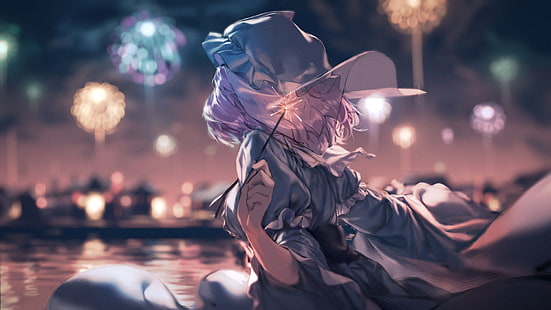 touhou, saigyouji yuyuko, fogos de artifício, vista traseira, cênica, anime, HD papel de parede HD wallpaper