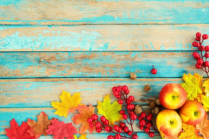 autumn, leaves, berries, background, tree, apples, colorful, nuts, vintage, wood, maple, HD wallpaper