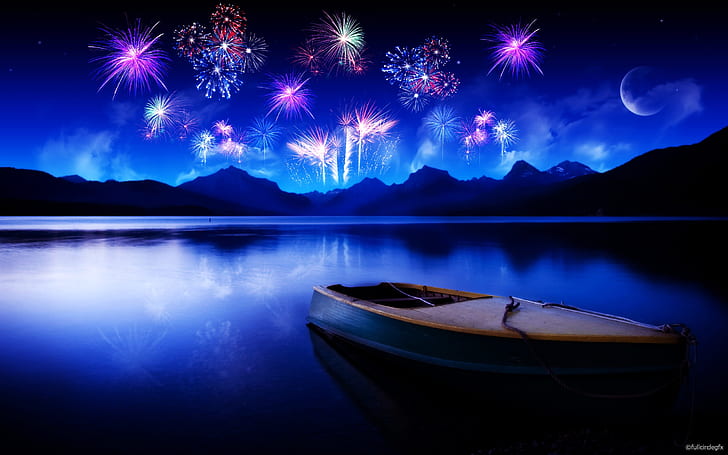 Celebrating 2012 New Year, brown boat and fireworks display painting, year, 2011, celebrating, HD wallpaper