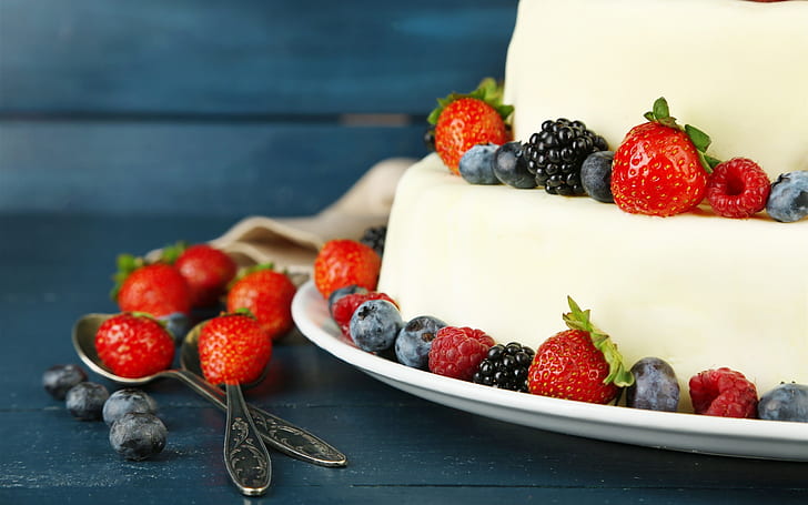 Cake, dessert, strawberry, blackberry, food, Cake, Dessert, Strawberry, Blackberry, Food, HD wallpaper