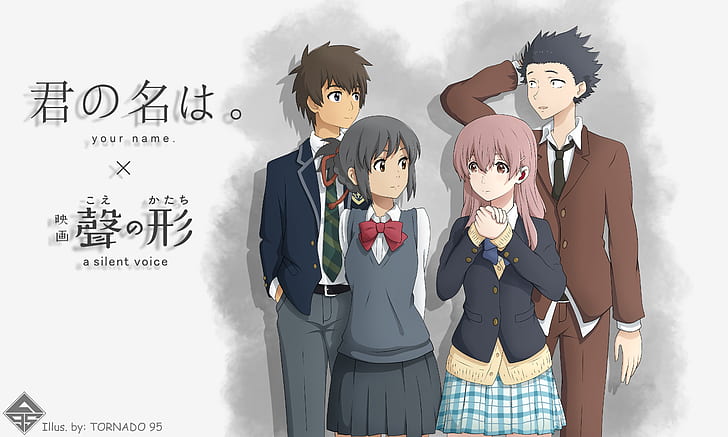 Anime, Crossover, A Silent Voice, Mitsuha Miyamizu, Shouko Nishimiya, Shouya Ishida, Taki Tachibana, Your Name., HD wallpaper
