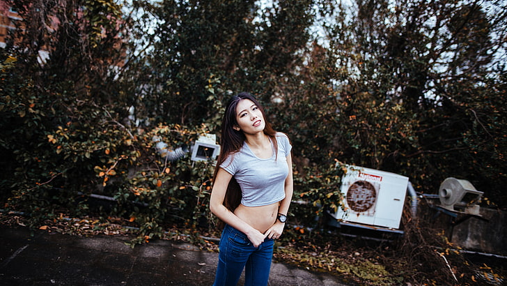 Asian, jeans, belly, crop top, bare midriff, belly button, HD wallpaper