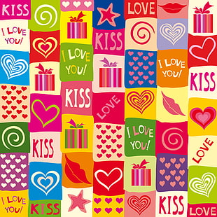 multicolored gift wrap decor, love, colorful, hearts, I love you, background, romantic, sweet, HD wallpaper HD wallpaper