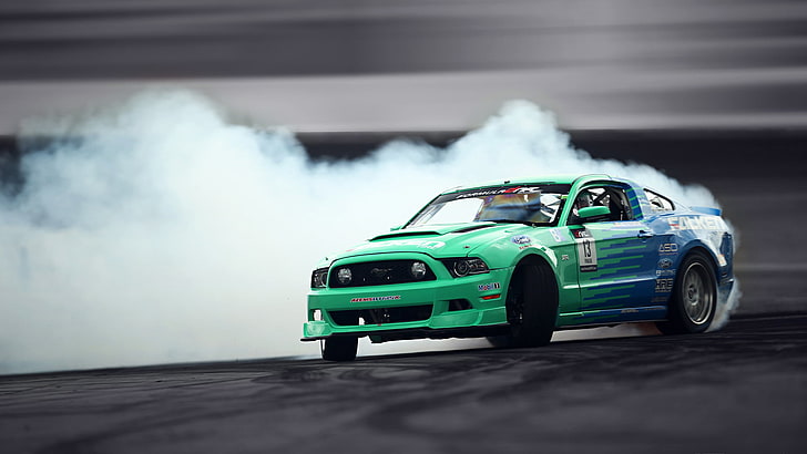 teal Ford Mustang, Mustang, Ford, Drift, Smoke, Tuning, Hawks, Competition, Sportcar, HD wallpaper