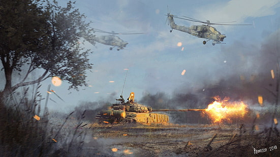 タンク、T-72、攻撃ヘリコプター、ヘリコプター、ミルMi-28、タンク、 HDデスクトップの壁紙 HD wallpaper
