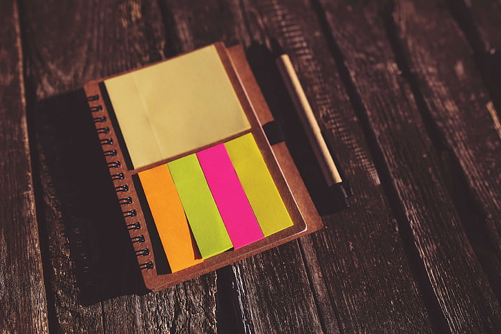 blur, book bindings, business, college, colorful, colourful, data, education, empty, facts, indoors, knowledge, notes, page, paper, pen, postit, reminder, research, retro, school, sticky, table, woo, HD wallpaper