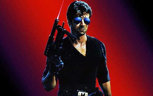czarny męski top z dekoltem w szpic, broń, zapałka, okulary, Cobra, Sylvester Stallone, Tapety HD HD wallpaper
