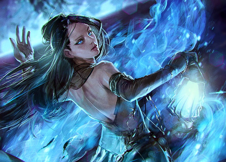 female character wallpaper, girl, blue, fire, flame, magic, figure, lamp, dance, fantasy, art, lantern, Legend of the Cryptids, by totorrl, HD wallpaper