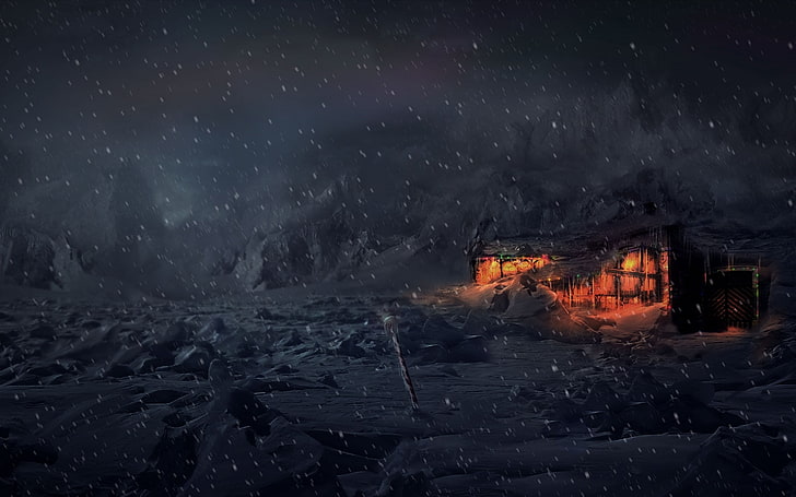 casa de madera marrón, arte de fantasía, nieve, luces, polo norte, Fondo de pantalla HD