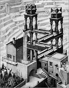 Lithograph, M. C. Escher, Optical Illusion, waterfall, HD wallpaper HD wallpaper