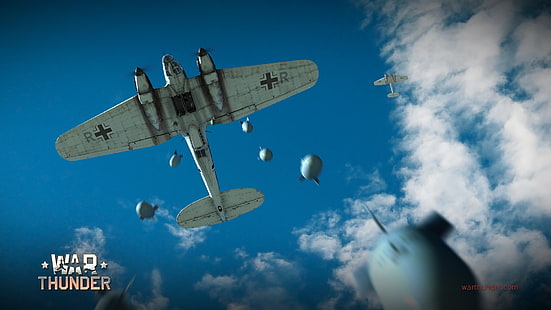 weißes Flugzeug mit Text-Overlay, War Thunder, Flugzeug, Gaijin Entertainment, Videospiele, Luftwaffe, Bomber, Zweiter Weltkrieg, Militärflugzeug, Flugzeuge, HD-Hintergrundbild HD wallpaper