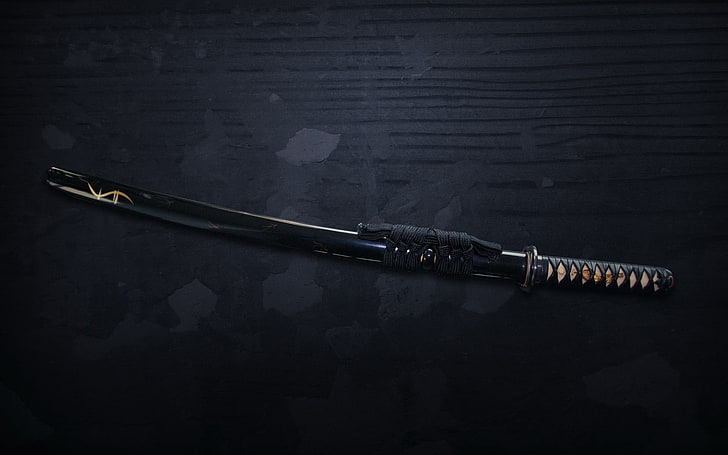 black handled katana, sword, katana, HD wallpaper