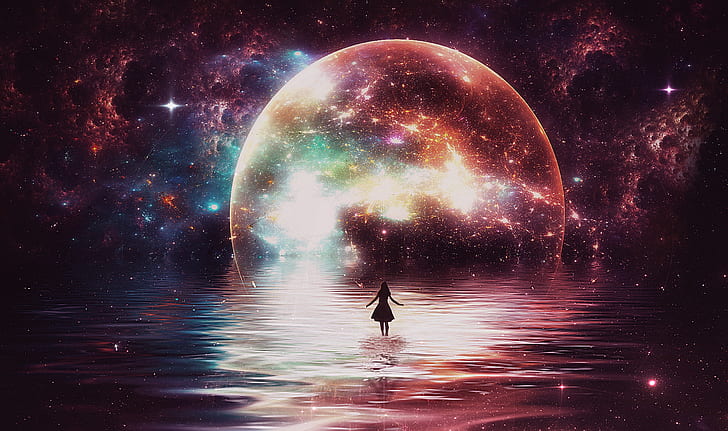 Moon, water, glowing, stars, colorful, warm colors, women, Photoshop, ps, HD wallpaper