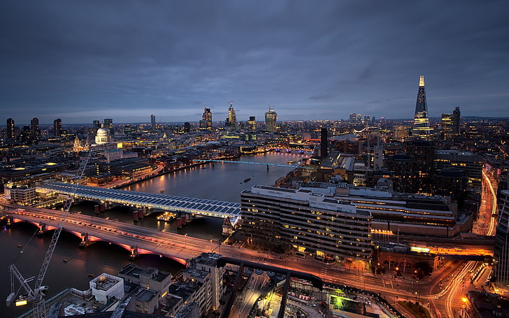 London, England, river, bridge, night, city, cityscape, motion blur, lights, city lights, skyscraper, HD wallpaper