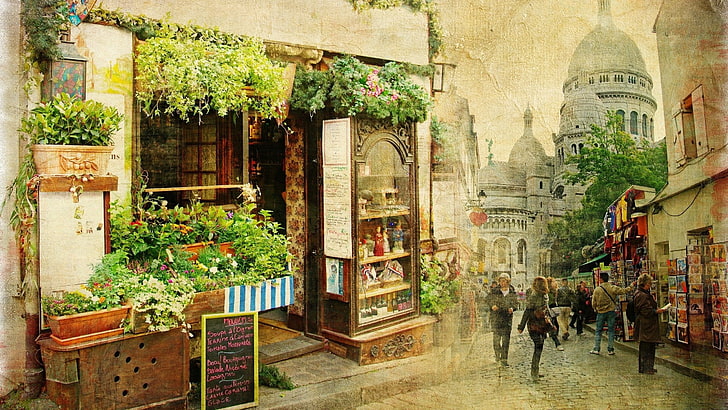 ludzie w pobliżu kwiaciarni malarstwo, pejzaż miejski, architektura, plac miejski, Europa, Paryż, Montmartre, Sacre-Coeur, katedra, ulica, tłumy, stary budynek, Photoshop, malarstwo, turystyka, restauracja, Francja, kwiaty, Tapety HD