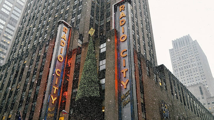 建物、雪、30ロックフェラープラザ、ニューヨーク、クリスマス、 HDデスクトップの壁紙