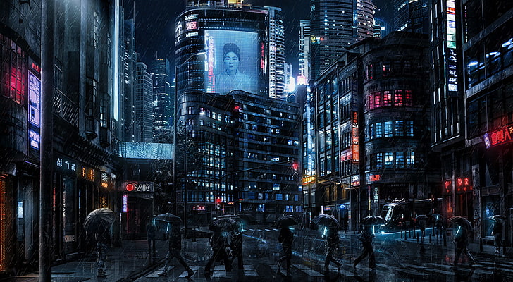 bâtiments en béton noir, Blade Rrunner, Dark Cyberpunk, cyber, films, cyberpunk, Fond d'écran HD