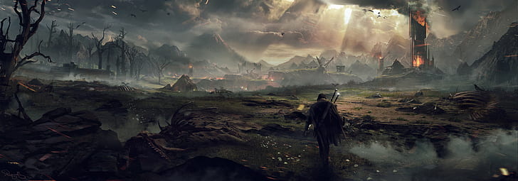 mordor 독수리 비디오 게임의 중간 지구 그림자 불 해골 칼 컨셉 아트 반지의 제왕, HD 배경 화면