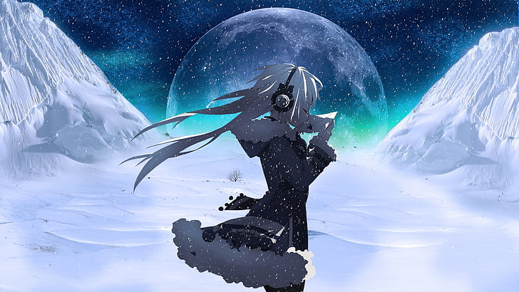 woman wearing headphones animated character wallpaper, white haired female anime character digital wallpaper, Moon, headphones, snow, night, anime girls, blonde, closed eyes, fantasy art, HD wallpaper