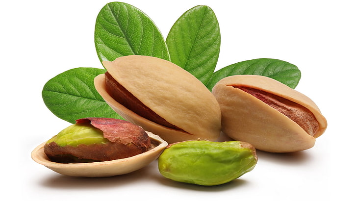 three brown pistachio nuts, pistachios, nuts, shell, white background, macro, leaves, HD wallpaper