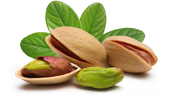 three brown pistachio nuts, pistachios, nuts, shell, white background, macro, leaves, HD wallpaper HD wallpaper