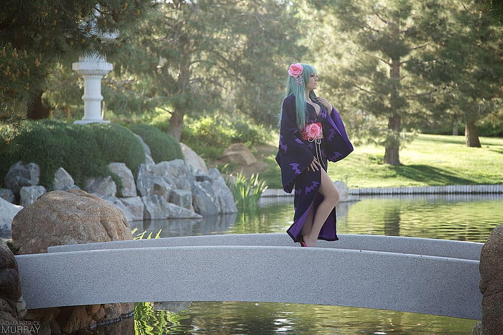 женское фиолетовое длинное платье с боковыми разрезами, Джессика Нигри, HD обои