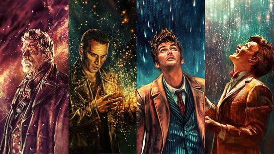 мужской коллаж, Доктор Кто, Доктор, Военный Доктор, Девятый Доктор, Десятый Доктор, Одиннадцатый Доктор, Адский Пламя, HD обои HD wallpaper