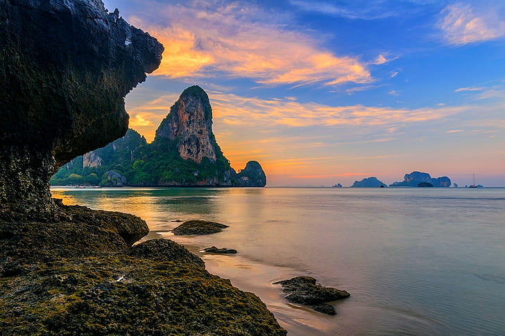 Тайланд, скали, пейзаж, остров, тропически, фотография, плаж, залез, море, природа, HD тапет