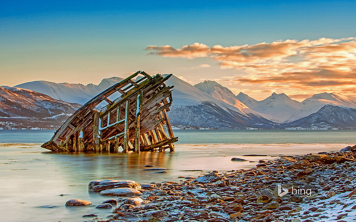 sea, mountains, Norway, Tromso, the wreckage of the ship, HD wallpaper