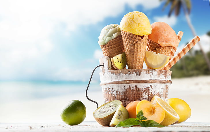해변, 살구, 8k, 맛있는, 라임, 레몬, 아이스크림, HD 배경 화면