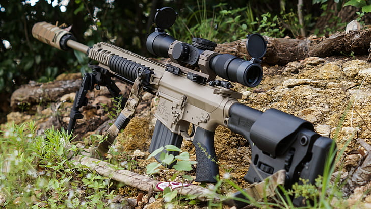 AR-10, fusil de sniper, lunettes, fusils, suppresseurs, M110 SASS, pistolet, Fond d'écran HD