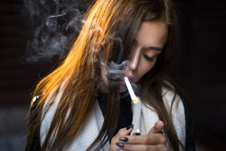 дым, портрет, женщины, курение, накрашенные ногти, сигареты, лицо, HD обои