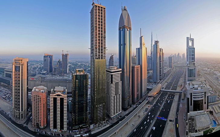 paesaggio urbano, Dubai, grattacieli, traffico, città, cantiere, Sfondo HD