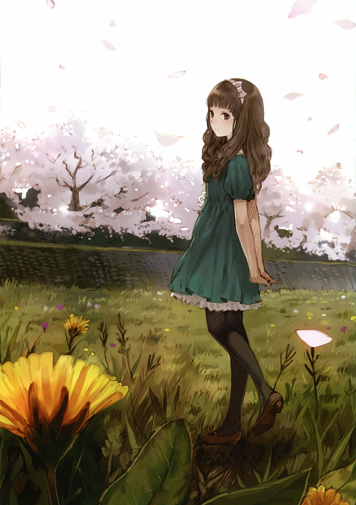 anime, artwork, blossoms, brunettes, dress, flowers, girls, hair, kishida, long, mel, scenic, HD wallpaper