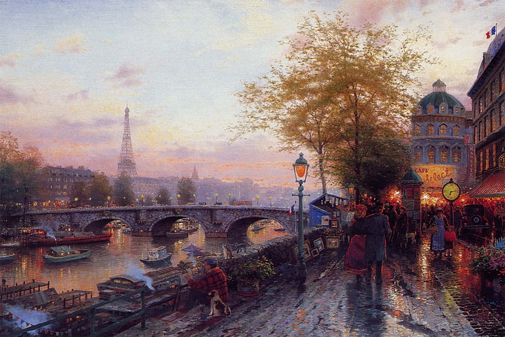 Эйфелева башня живопись, Париж, картина, Эйфелева башня, Томас Кинкейд, HD обои