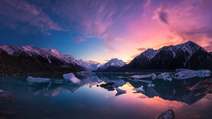 Lac Tasman, Nouvelle-Zélande, photographie, lac, eau, montagnes, paysage, coucher de soleil, réflexion, Lune, nuages, neige, Fond d'écran HD