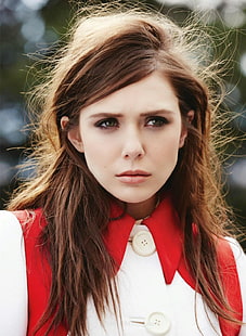 bluzka damska z czerwono-białym kołnierzykiem, Elizabeth Olsen, damska, celebrytka, Tapety HD HD wallpaper